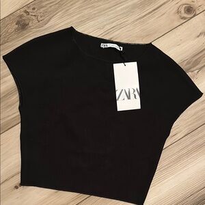 Zara Black Asymmetrical Crop T-Shirt